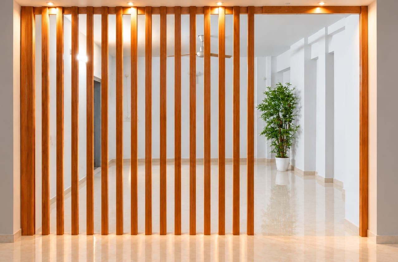 Vertical timber fin partition with downlights and a marble floor